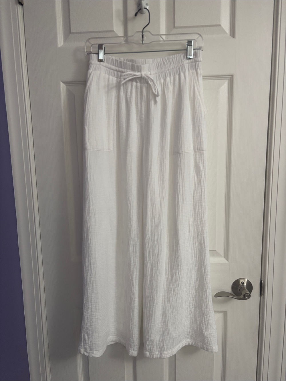 White Women's Drawstring Wide Leg Pants with Pockets